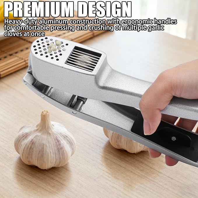 Garlic Press and Peeler Set - Silicone Garlic Peeler Tube Roller and Aluminium Garlic Press with Built-In Cleaning Tool Garlic Crusher, Mincer & Peeler for Unpeeled Garlic Cloves