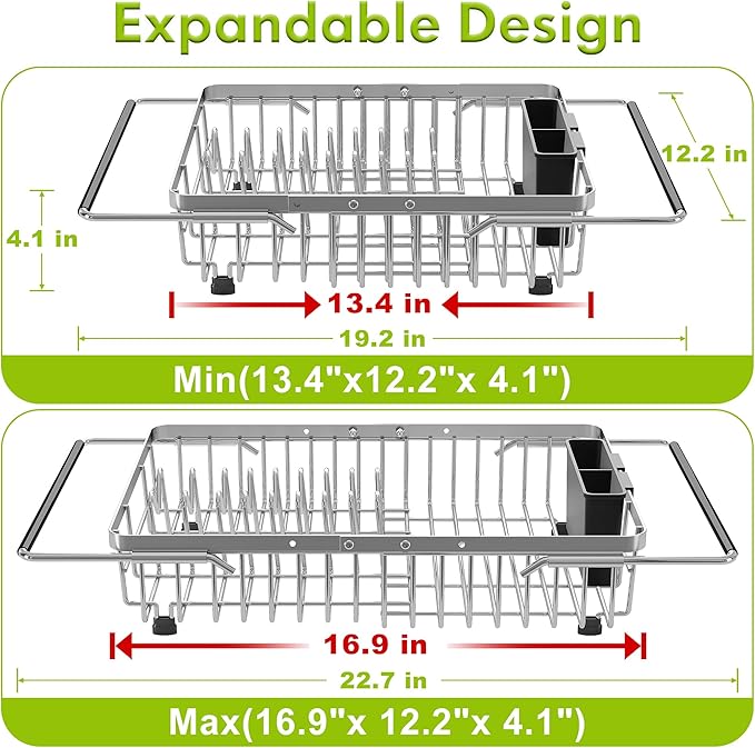 Expandable Stainless Steel Dish Drying Rack Over The Sink For Small Kitchen, Counter Space Saving Compact Metal Plate Drainer Strainer, Adjustable Hanging Inside Sink Rust Proof Wire Dryer Holder