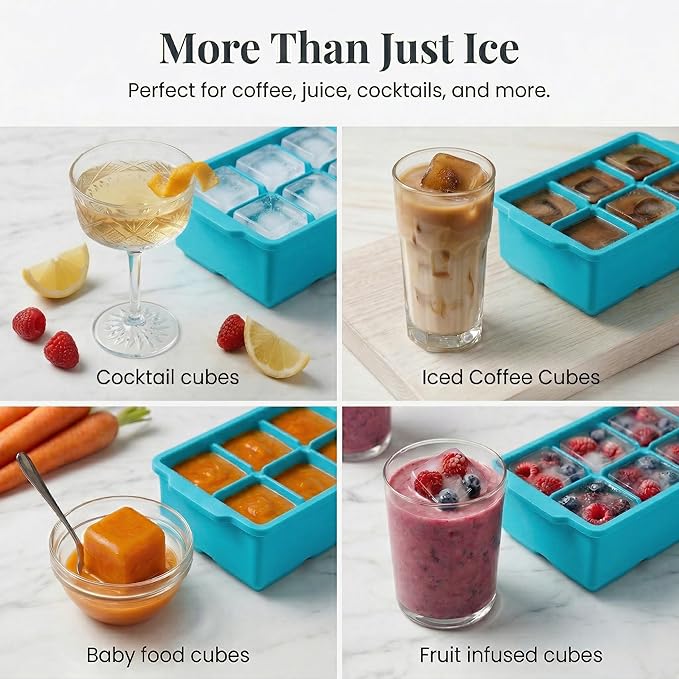 KitchFort Large Silicone Ice Cube Tray (2-Pack), Easy Release 2" Big Ice Cubes - Cocktail, Whiskey Ice Cubes Mold - Ice Trays for Freezer with Lid - Stackable Silicone Ice Tray - Turquoise