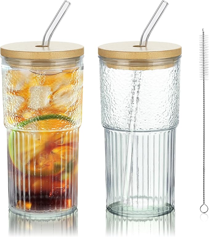 Joeyan 24 oz Clear Glass Tumbler with Straw and Bamboo Lid,Ribbed Large Glasses Cups for Iced Tea Coffee Smoothie Water Juice Beverages Soda,Thickened Drinking Jar,Set of 2,Dishwasher Safe