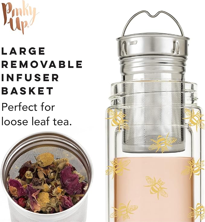 Pinky Up Blair Tea Infuser Mug with Strainer and Lid, Double Walled Glass Tumbler for Home Office, Travel, Picnic, Camping, 16 oz, Set of 1, Arabesque Gold