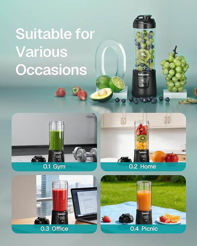 Behome Portable Blender Smoothies and Shakes, Personal Juicer 14 OZ BPA Free Portable Cups, USB-C Rechargeable, Dishwasher Safe Parts - Mini Small Blenders Cup Fits Home, Office, Gym, Travel