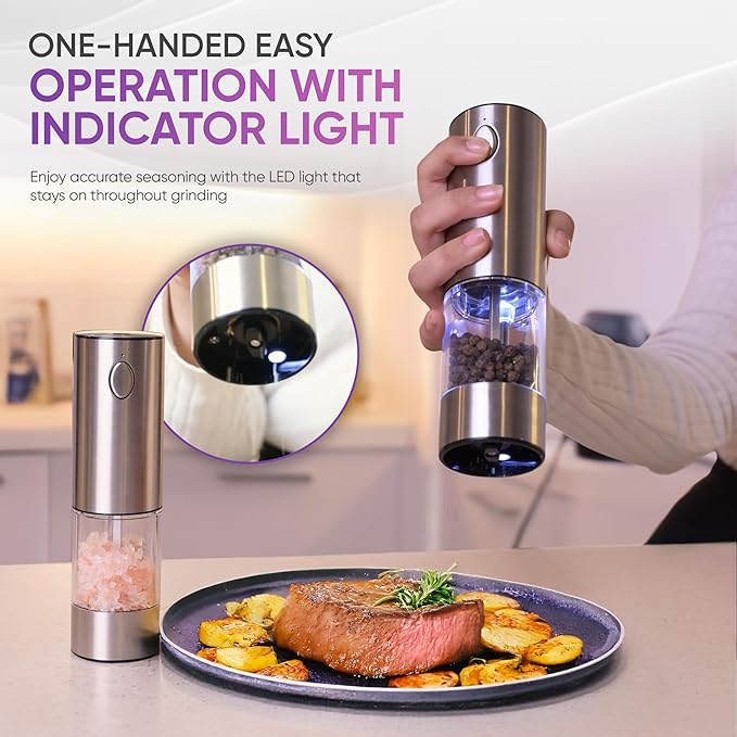 Rechargeable Automatic Salt and Pepper Grinder Set - One Hand Operation with LED Light for Precise Seasoning - Adjustable Coarseness with Ceramic Core - Set of 2