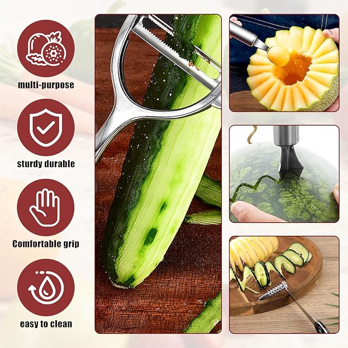 4-Piece Kitchen Spiral And V-Shaped Tools, Vegetable Peeler, Crinkle Cutter Knife, Multifunctional Kitchen Set, Manual Kitchen Tools for Creative Food Decoration（Silvery）