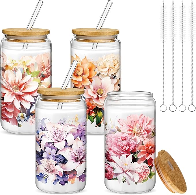 Mumufy 4 Pack Gift for Women Bloom Floral Elegant Glass Cup Tumbler Blooming Garden 16 oz Iced Coffee Glass with Bamboo Lid & Straw, Mothers Day Birthday Gift for Mom Sister Bridesmaid Baby Shower