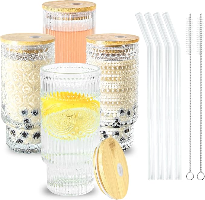 16oz Glasses Cups with Bamboo Lids Straws Brush Vintage Glass Tumbler Set for Mojito Iced Coffee Beer Cocktail Whiskey(Mixed)