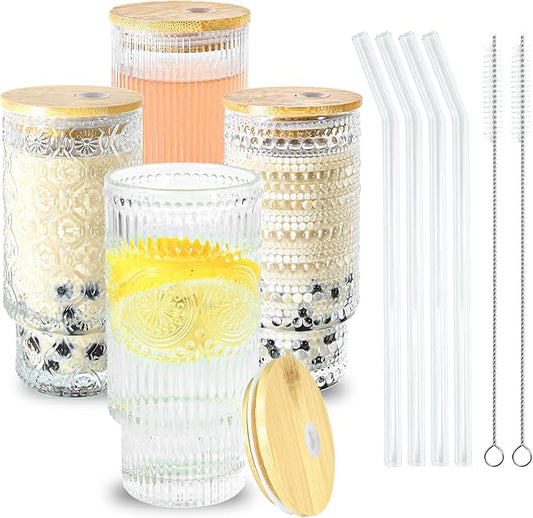 16oz Glasses Cups with Bamboo Lids Straws Brush Vintage Glass Tumbler Set for Mojito Iced Coffee Beer Cocktail Whiskey(Mixed)