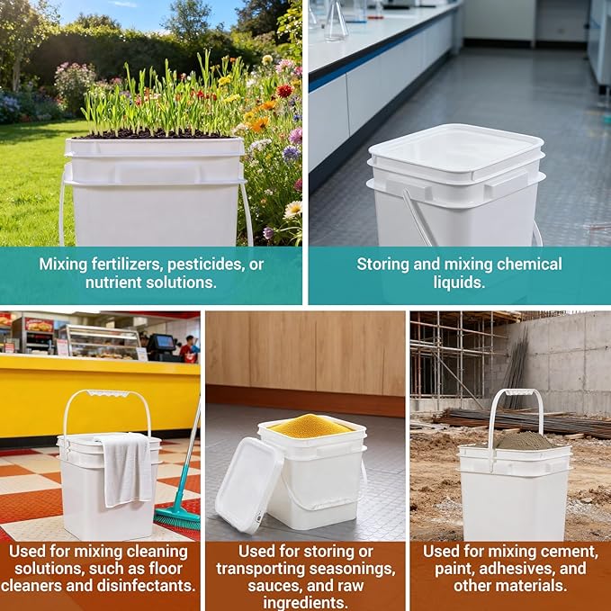 ASEVAT 5 Pcs 4 Liter (1 Gallon) Square Food Grade Bucket with Lid, White Plastic Pail with Handle for Storing Dry Food, Camping, Fishing