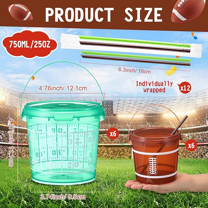 12 Set 25 oz Football Field Plastic Drink Buckets with Straws Handles Lids Reusable Cocktail Rum Buckets 750ml Smoothie Milk Tea Cups Food Containers Pails Sport Party Supplies