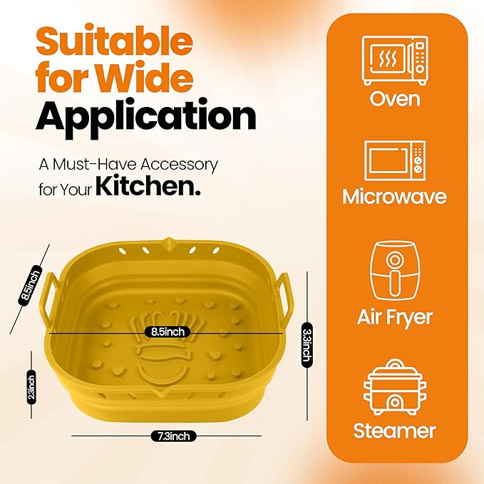 Platinum Silicone Air Fryer Liners Reusable Square-Extra Strong-Easy to Clean Air Fryer basket for Oven Microwave Accessories - BPA Free - Food Safe Pot for 5.8QT to 8 QT - 9 Inch