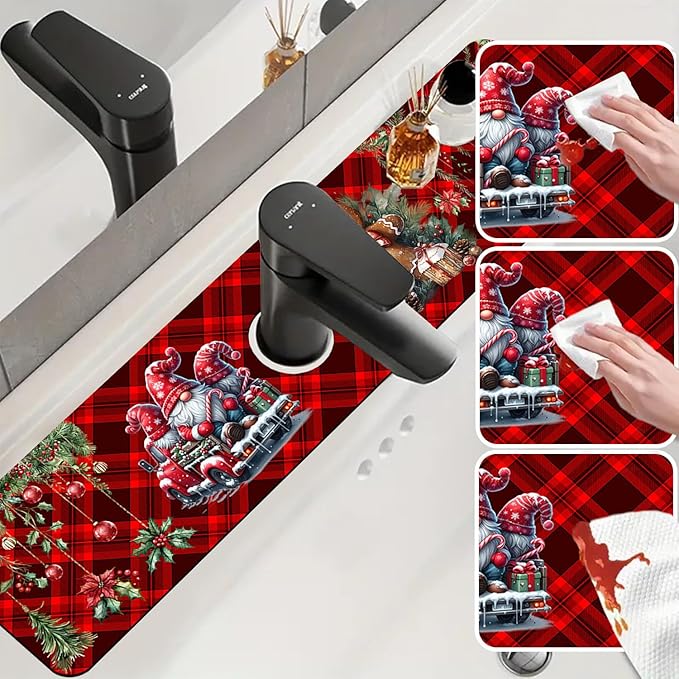 Chrismas Sink Splash Guard Faucet Mat Cute Christmas Absorbent Fast Drying Mat Sink Gadgets Splash Guard Behind Faucet Drip Catcher for Kitchen Bathroom 23.5"X5.5"