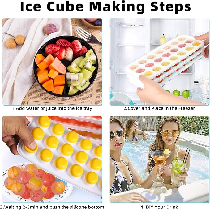 Ice Cube Trays with Lids BPA Free, 4Pack Easy Release Silicone Ice Cube Trays for Freezer 84 Sphere Ice Tray with Stackable No Spill Covers, Dishwasher Safe,Orange&Yellow