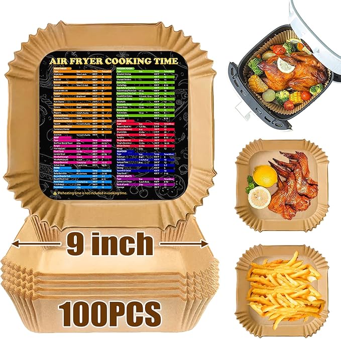 Air Fryer Liners Square, 9 Inch Airfryer Liners Disposable, Non-stick Air Fryer Paper Liners Oil Resistant, Waterproof, Food Grade Air Fryer Parchment Paper Liners for Roasting Microwave