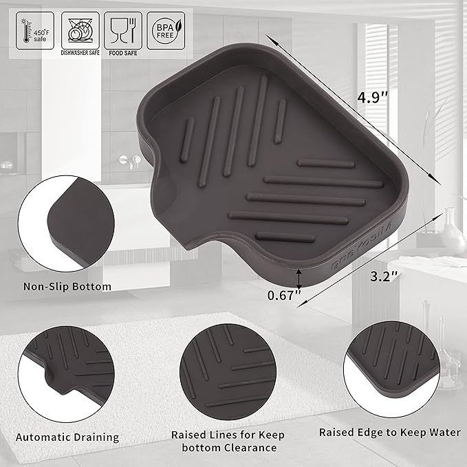 MicoYang Silicone Bathroom Soap Dishes with Drain Spout-Bathroom and Kitchen Sink Organizer,Sponge Holder,Dish Soap Tray,Perfect for Dispenser,Scrubber,Bottle,Cup on Sink or Counter-Coffee 4.9"×3.2"