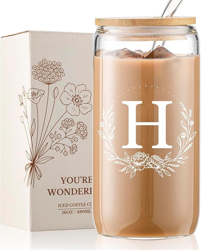 Personalized Gifts for Women, Monogrammed 16oz Glass Cups with Bamboo Lids and Straws, Customized Glass Tumbler, Cute Custom Mug, Customizable Initial Iced Coffee Glasses, Birthday Bridesmaid Mom, H