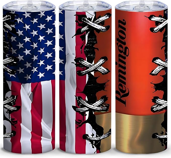 ATHAND Funny Skinny Tumbler,20 Oz Insulated Stainless Steel Iced Coffee Tumbler with Lid,Shotgun Shell and American Flag Design Cup,Novelty Gifts for Hunters Men,1 Pcs
