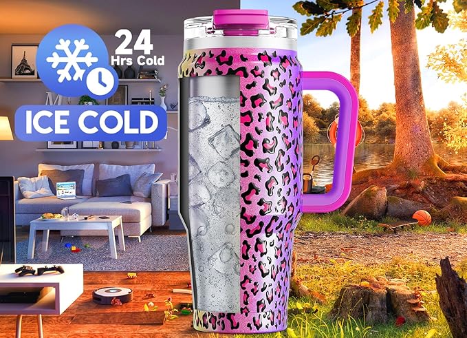 Meoky 32 oz Tumbler with Handle, Insulated Tumbler with Lid and Straw, Stainless Steel Travel Mug, Keeps Cold for 24 Hours, 100% Leak Proof, Fits in Car Cup Holder (Celebration)