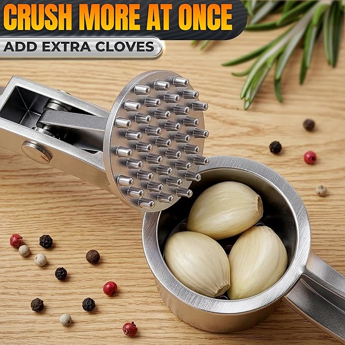 Metal Garlic Press - Ginger Mincer with 37 Built-In Studs for Maximum Extraction, Garlic Crusher for Ginger and Soft Nuts, Rust-Resistant, Ergonomic Handle, No Peel Needed, Dishwasher Safe, Silver