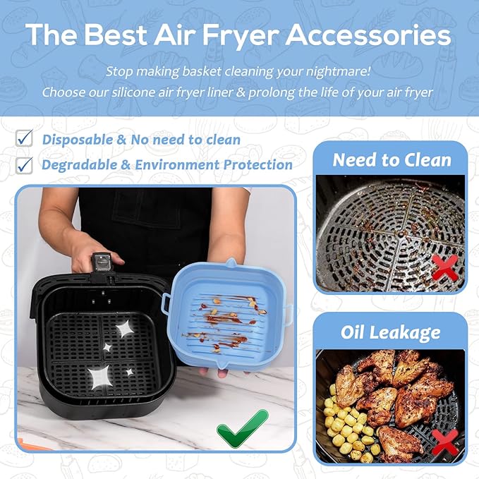 [2 Pack] Silicone Air Fryer Liners Square - Reusable Airfryer Basket - Easy to Clean Air Fryers Pot for 5.8 to 8 Qt Large Air Fryer Baking Tray Oven Accessories, 8.5 Inch