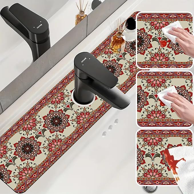Sink Faucet Absorbing Mat Red Retro Boho Sink Splash Guard Drying Mat for Kitchen Bathroom Faucet Sinkmat 23.5"X5.5"