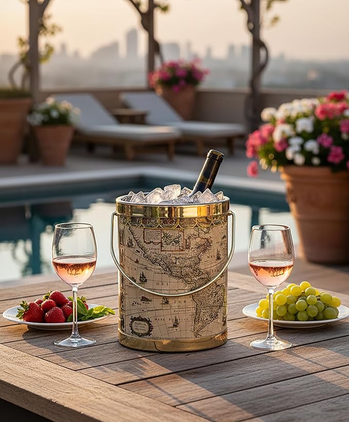 Made In USA Metallic Deco Collection Double Walled Insulated Ice Bucket With Ice Tongs (5-Quart, Vintage Americas Map)