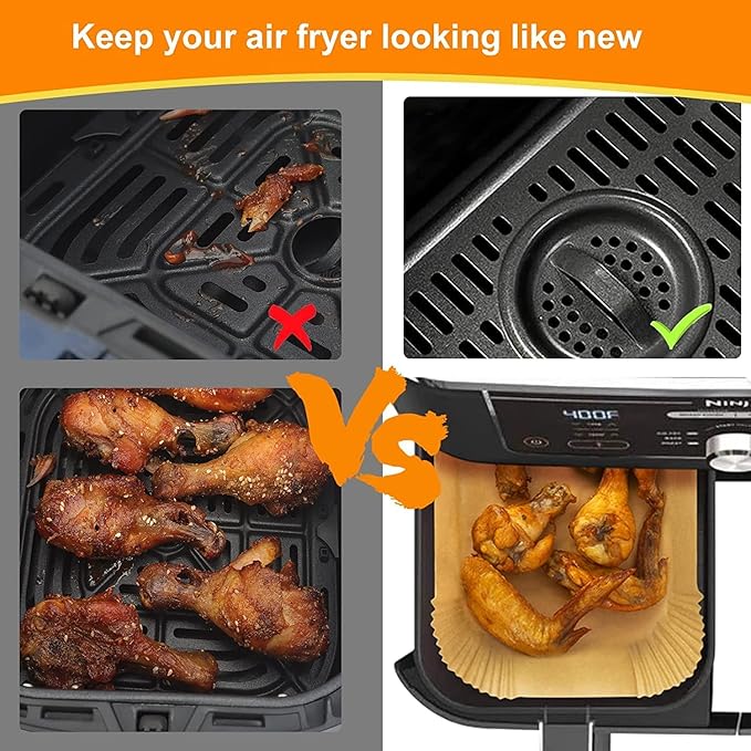 HONYAO Air Fryer Paper Liners for Dual Zone Airfryer, 8.1x5.5 inch Rectangle Disposable Baking Inserts for Ninja Foodi DZ201/401, 8-10 Quart Double Basket Food Grade Accessories BPA free