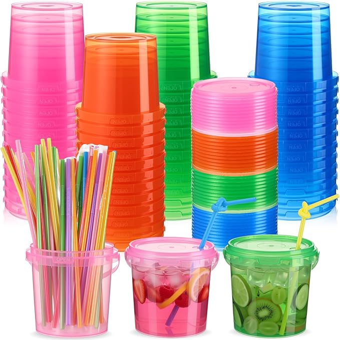 Funnymoom 48 Pack 32 oz Plastic Rum Buckets for Drinks with Straws Ice Cream Cocktail Bucket with Lids and Handles Reusable Food Containers Cup for Parties Summer Beach Bar Beer (Muticolor)