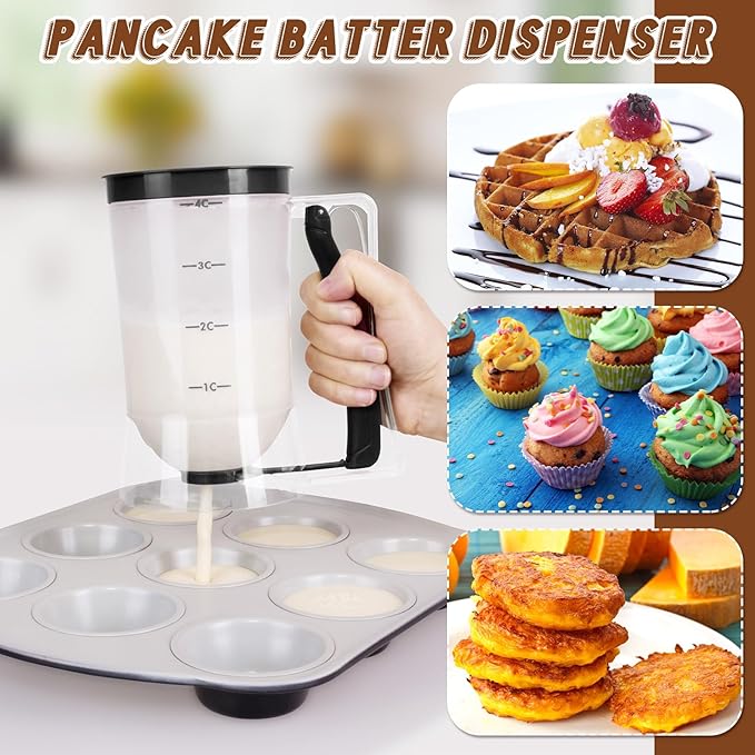 FillTouch 2 Pcs Cupcake Batter Dispenser Pancake Mix Dispenser 4 Cups with Squeeze Handle Tools for Pancake, Cupcake, Cookie, Cake, Waffles, Ice Cream Baking Gifts for Kitchen Housewarming (Black)