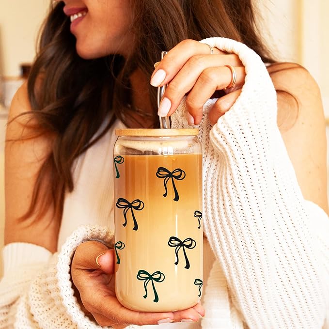 BIPEDS Cute Black Bow Glass Cup with Lid and Straws, Iced Coffee Smoothie Matcha Cup Tumbler, Birthday Gifts for Women Coffee Lover Teenage 13 14 15 16 17 18 19 years old Teen Girl Gifts Trendy Stuff