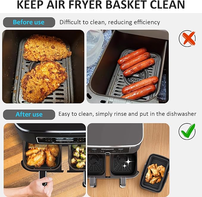 Air Fryer Silicone Liners Pot for Ninja Foodi Dual DZ090 6QT, 2 Pack Reusable Air Fryer Silicone Replacement Basket Bowl, Collapsible Baking Tray for Air Fryer Accessories (Black)