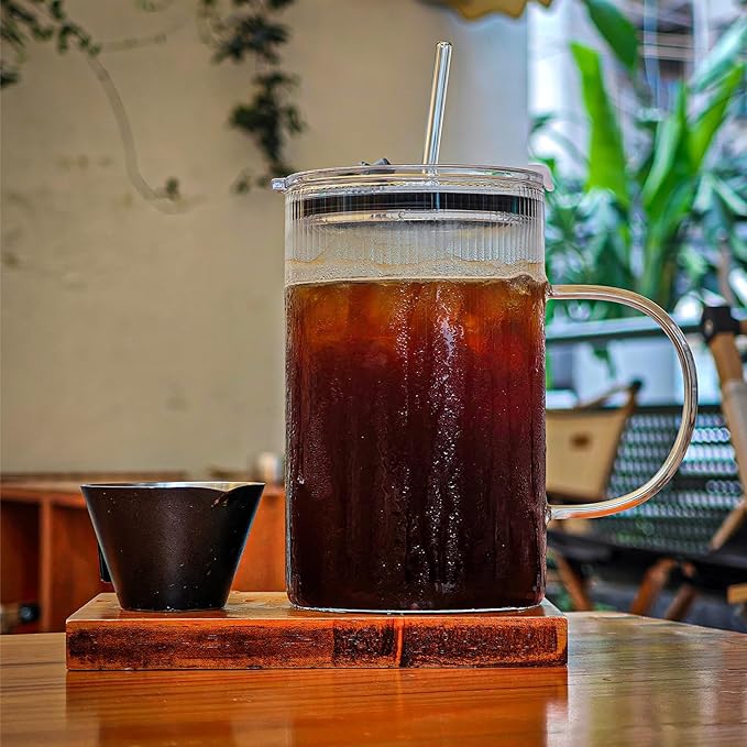 20oz Glass Tumblers with Lids and Straws - Stylish Vintage Ribbed Design for Iced Coffee, Juice, Smoothies, Milkshakes, Cold Beverages & Whiskey Cocktail Beer (Thin Inner Ridge)