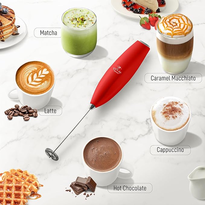 Zulay Powerful Milk Frother for Coffee with Upgraded Titanium Motor - Handheld Electric Whisk, Milk Foamer, Mini Mixer & Coffee Blender for Frappe, Latte, Matcha, No Stand - Red