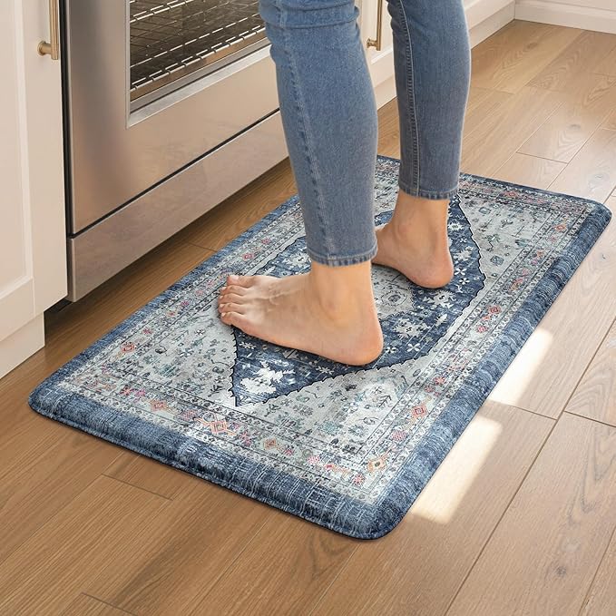 Collive Cushioned Anti-Fatigue Mats, Boho Non-Slip Waterproof Kitchen Floor Mat, Comfortable Standing Carpet for Sink, Laundry, Office, Work, 17.3''x30'' Dark Blue