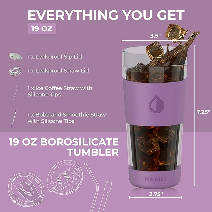 19 oz Clear Double Wall Borosilicate Glass Coffee Tumbler, to Go Travel Mug with Lid, Portable with Straw, Reusable Cup for Tea, Smoothies, Iced Coffee, and Boba