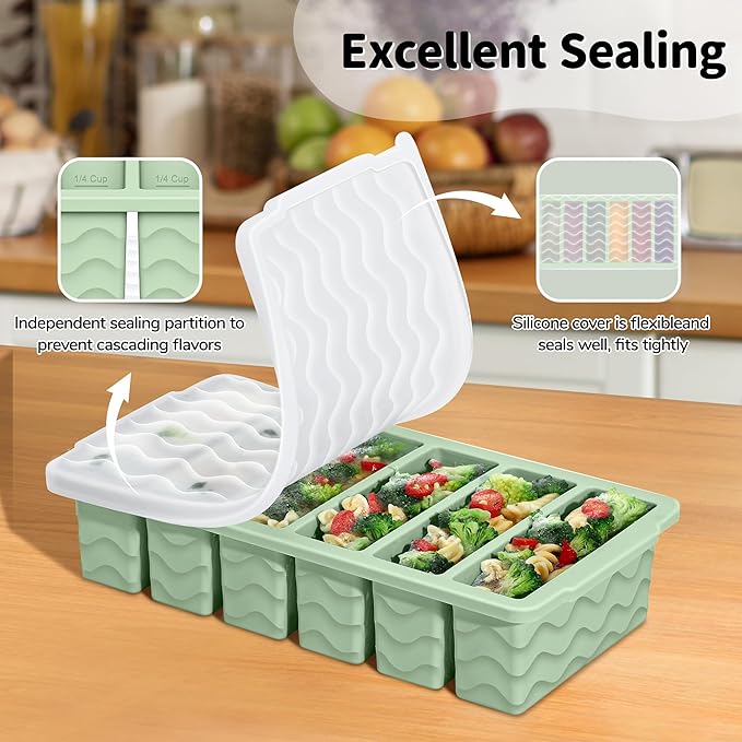 3-Pack Silicone Freezer Trays with Lid,2 Large 2-Cup(500ml)&4 Medium 1-Cup(125ml)&6 Small 1/2-Cup(75ml) Soup Freezer Container Molds,Ice Cube Tray For Meal Prep&Freezing Soup,Stews,Sauces