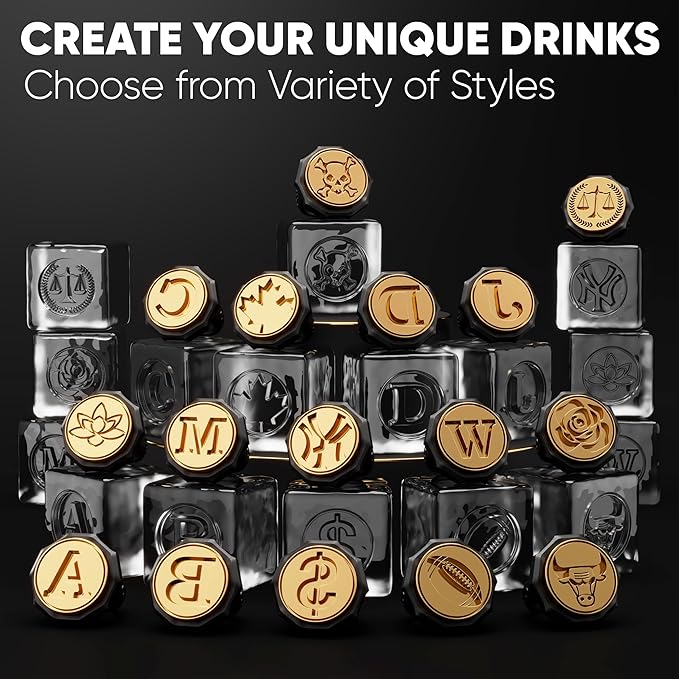 Berlinzo Ice Stamp Ring for Cube & Sphere - Custom Ice Cubes for Whiskey, Mojito Cocktails – W Letter Shaped Brass Ice Stamp w/ 3mm Depth - Black