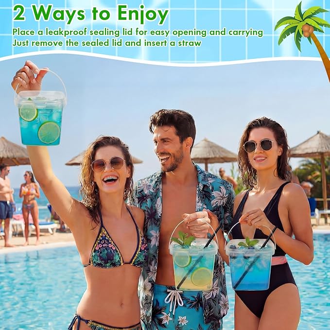 100 Pcs 25 oz Square Clear Drink Buckets with Lids and Straws Reusable Plastic Bucket Cups with Handle for Ice Cream Coffee Cocktail Large Food Safe Party Cup for Pool Beach Bar Birthday