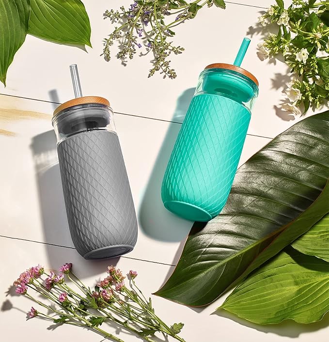 Ello Devon 18oz Glass Tumbler with Straw, Friction Fit Bamboo Wood Lid and Silicone Sleeve | Perfect for Iced Coffee, Tea, and Smoothies