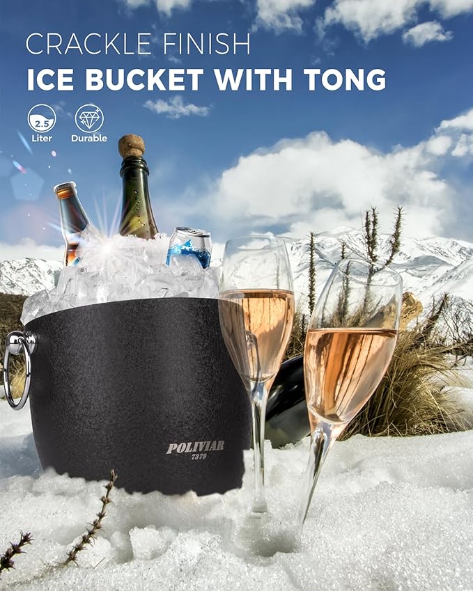 POLIVIAR Ice Bucket, 2.5L Double Wall Ice Bucket with Lid, Stainless Steel Ice Bucket with Tong & Strainer, Ice Bucket for Cocktail Bar, Home & Parties, JX2023-IBLB