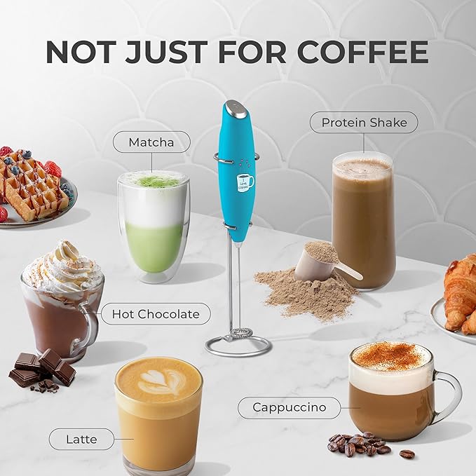 Zulay Kitchen Powerful Milk Frother Wand - Ultra Fast Handheld Drink Mixer - Electric Whisk Foam Maker for Coffee, Lattes, Cappuccino, Matcha & Creamer - Love Coffee Blue