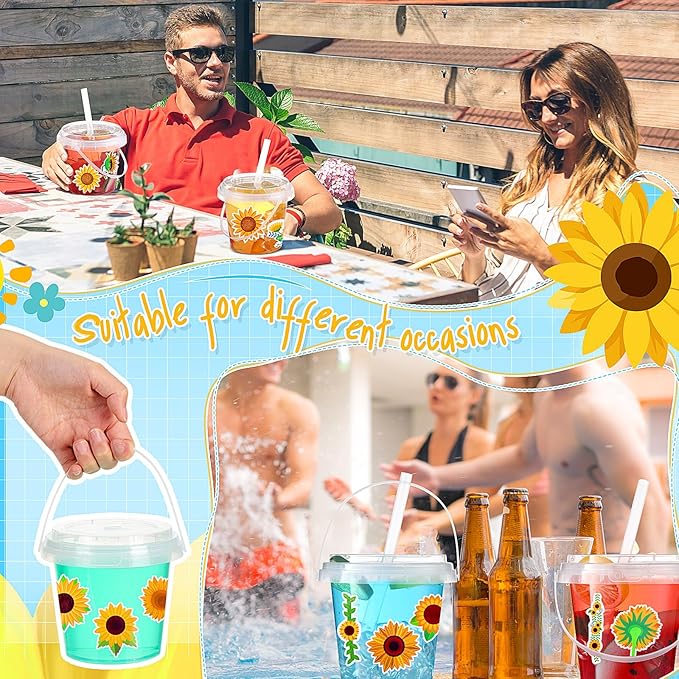 Funnymoom 30 Sets Clear Plastic Cups 24 oz Ice Cream Buckets with Lids & Straws Disposable Drink Cups Cocktail Pails Bulk with Handles and Stickers for Outdoor Beach Birthday Pool Party(Sunflower)