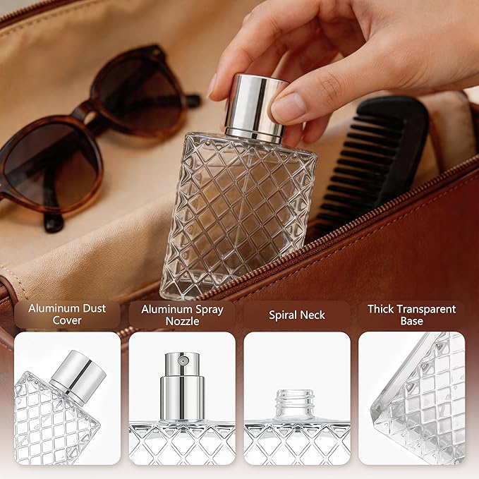100ML 3.4oz Glass Spray Bottles for Essential Oils, Perfumes, Empty Clear Mist Spray Bottle with Silver Aluminum Sprayer - (1Pack) Funnel Filler 3ml Dropper Storage Gift Bag