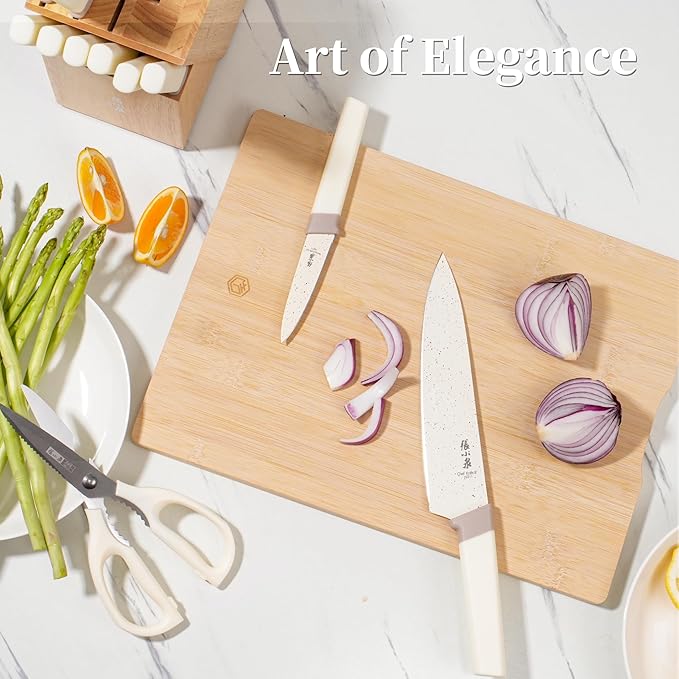 ZHANG XIAO QUAN Knife Set with White Block, High Carbon Stainless Steel Sharp Blades, Built-in Sharpener Kitchen Knife Block Set for Home Cooking