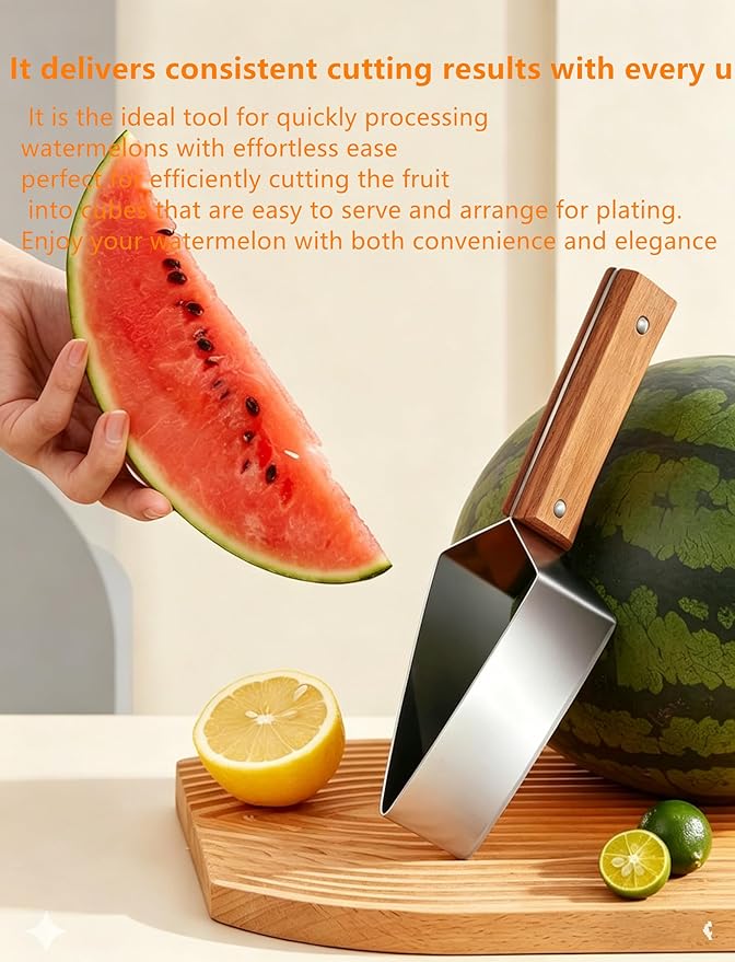 Stainless Steel Watermelon Slicer, Triangle Watermelon Cutter, Watermelon Slicer Cutter Tool, Stainless Steel Watermelon Cutter With Wooden Handle, Fruit Cutter For Cantaloupe, Honeydew, Apples(2PCS)