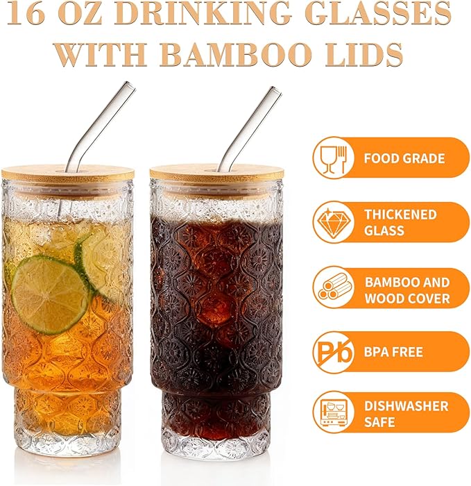Vintage Glass Cups With Bamboo Lids And Straws 16 Oz,Vintage Tumbler Embossed Floral Glass Cups Set For Whiskey Cocktail, Beer, Iced Coffee Cups, 6pack