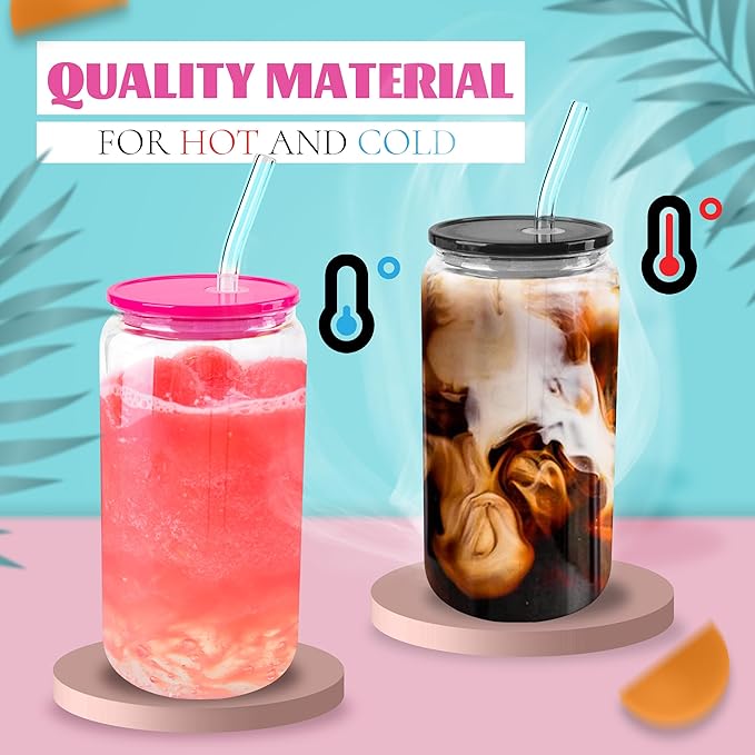 Joyclub 12pcs Glass Cups with Acrylic Lids and Straws 16 oz Can Shaped Glass Iced Coffee Cups with Lids and Straws, Cute Tumbler Cup Drinking Glasses for Smoothie Whiskey Boba Soda Tea Gift