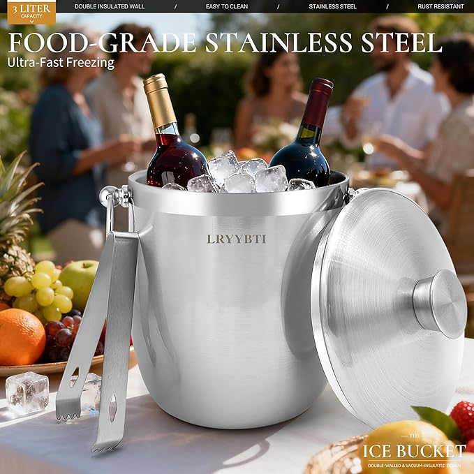 Ice Buckets for Parties with Lid,Tongs and Strainer (3L/Silver) Double Wall Stainless Steel Ice Bucket Keeps Frozen Longer,Ideal Perfect for Parties, Cocktail bar, Chilling Wine, Champagne