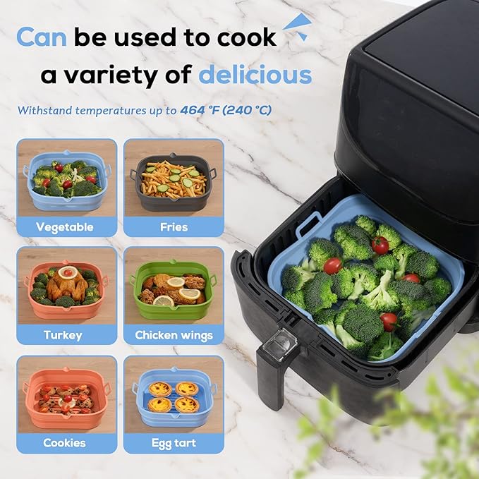 Silicone Air Fryer Liners Square - Reusable Airfryer Collapsible Basket - Easy to Clean Air Fryers Pot for 5.8 to 8 Qt Baking Tray Oven Accessories, 8.5 Inch Large