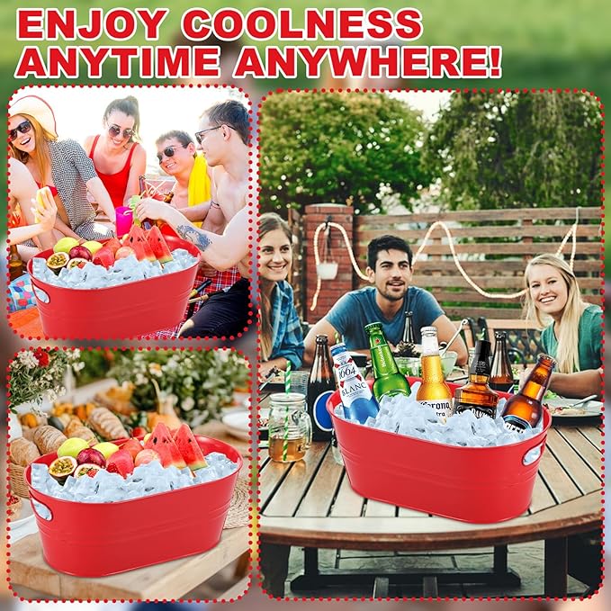 4Pcs 3 Gallon Red Galvanized Bucket Ice Bucket Large Metal Drink Buckets for Parties Beer Beverage Tub with Scoops for Champagne Cocktails Wine Cooling for Mimosa Bar Supplies