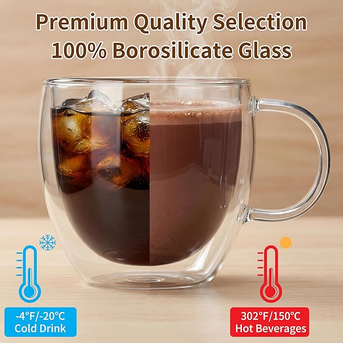 MESNEY Double Wall Insulated Espresso Cups & Mugs, Set of 4, 6.7 oz, Clear Glass for Coffee, Latte, Macchiato, Cappuccino & Tea, Dishwasher Safe